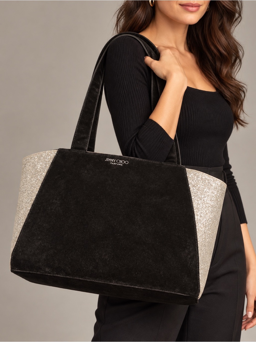 Jimmy Choo Black Tote with Silver Glitter Panels 15x12x6